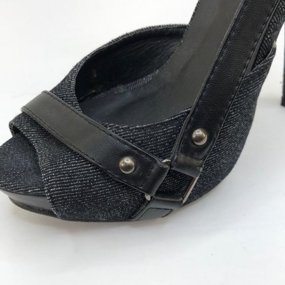 Mascotte Black Denim Peep Toe Heels, Size 7 - Picture 3 of 9